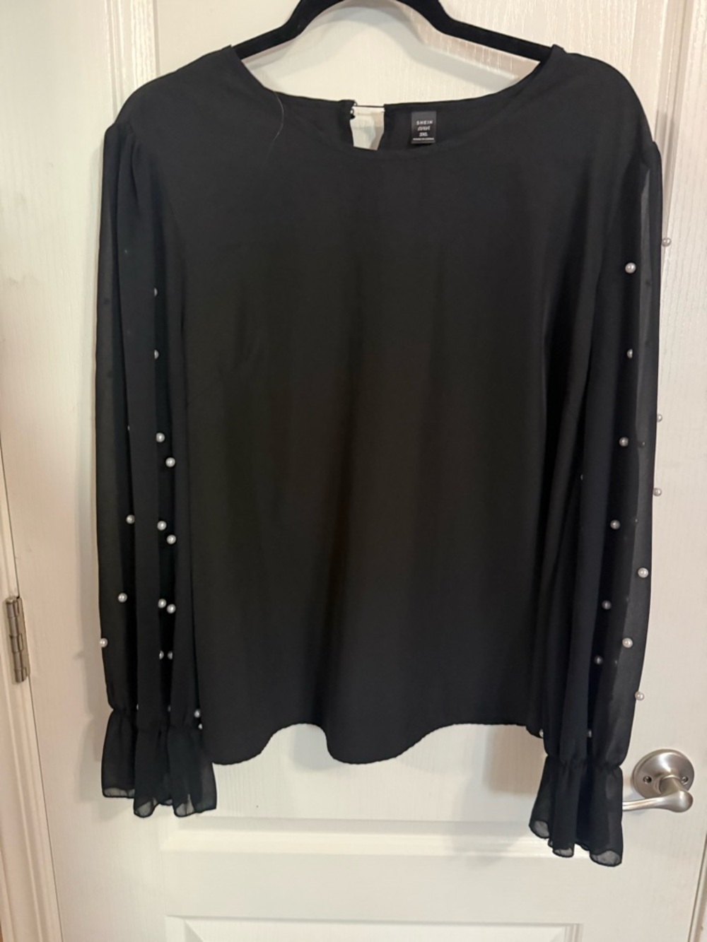SHEIN Black Pearl-Accent Long Sleeve Blouse